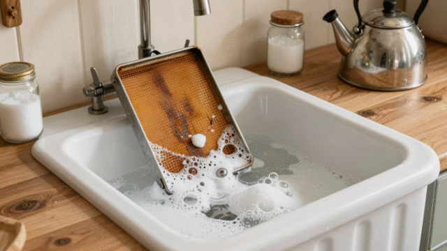 Filtre de hotte graisseux en train de tremper dans un évier rempli d'eau bouillante et de cristaux de soude