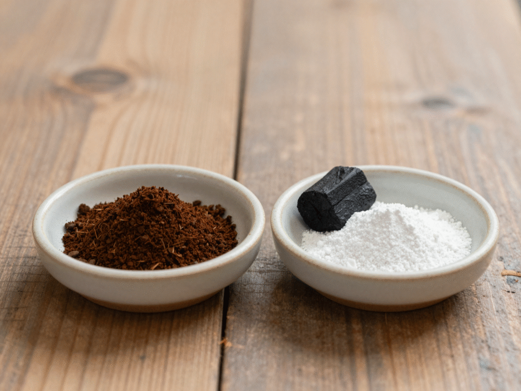 Coupelles de marc de café séché, de charbon et de bicarbonate, trois absorbeurs d'odeurs naturels