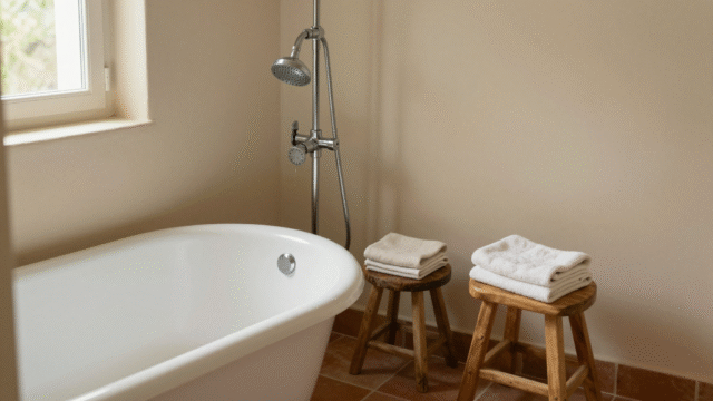 Pommeau de douche chromé au-dessus d'une baignoire, serviettes pliées sur un tabouret en bois