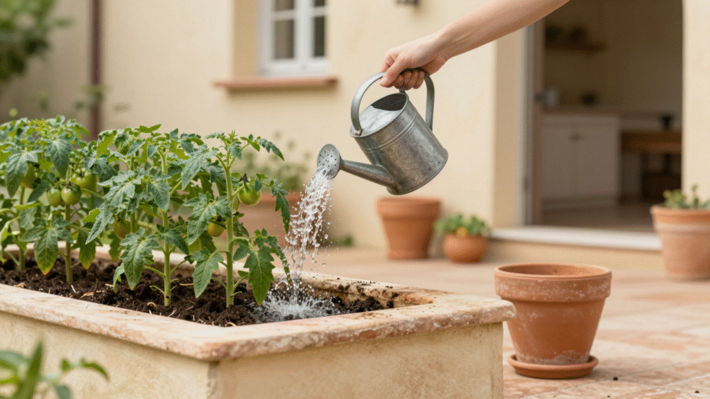 Arrosoir en zinc arrosant de jeunes plants de tomates au pied, dans un potager