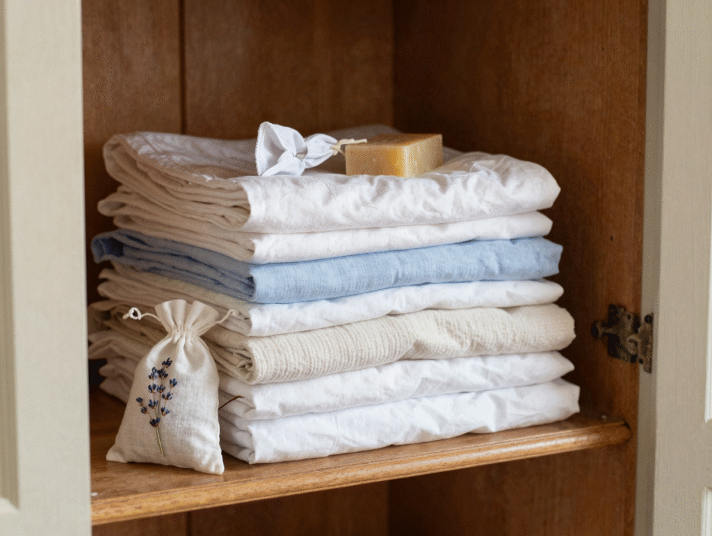 Pile de draps pliés dans une armoire ancienne avec un sachet de lavande et un savon de Marseille