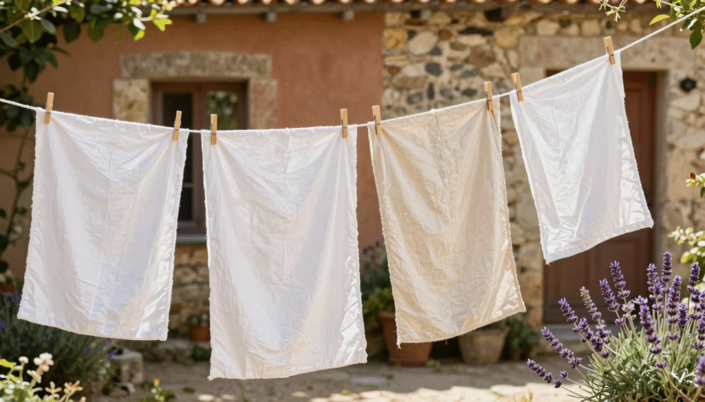 Draps blancs en coton et lin séchant au grand air sur un fil, dans un jardin de campagne