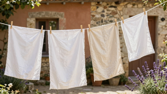 Draps blancs en coton et lin séchant au grand air sur un fil, dans un jardin de campagne