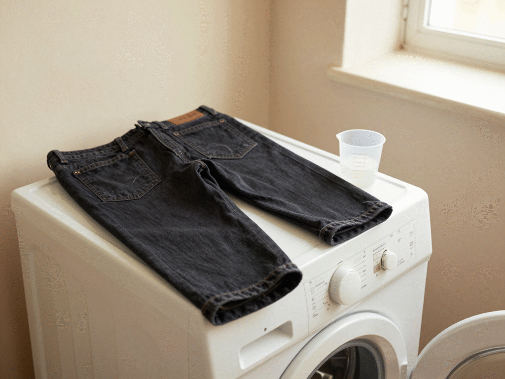 Jean retourné sur l'envers posé sur le lave-linge avec une demi-dose de lessive