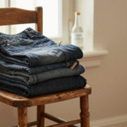 Pile de jeans en denim pliés sur une chaise en bois près d'une fenêtre