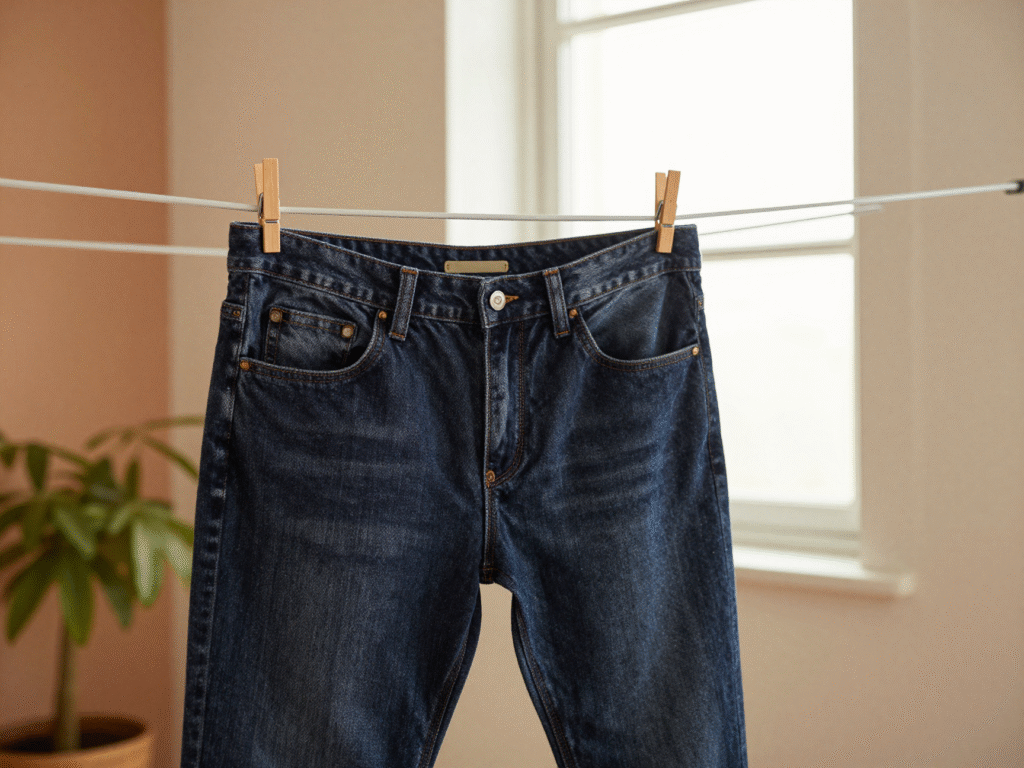 Jean suspendu par la ceinture avec des pinces en bois sur un étendoir près d'une fenêtre