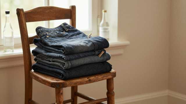 Pile de jeans en denim pliés sur une chaise en bois près d'une fenêtre
