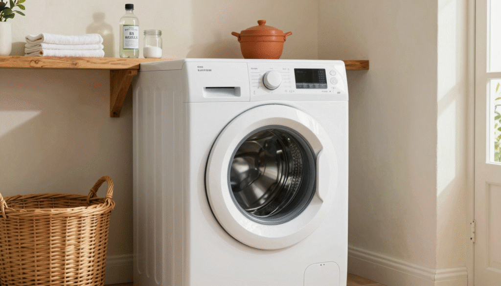 Lave-linge ouvert avec vinaigre blanc et bicarbonate prêts pour le grand nettoyage