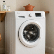 Lave-linge ouvert avec vinaigre blanc et bicarbonate prêts pour le grand nettoyage