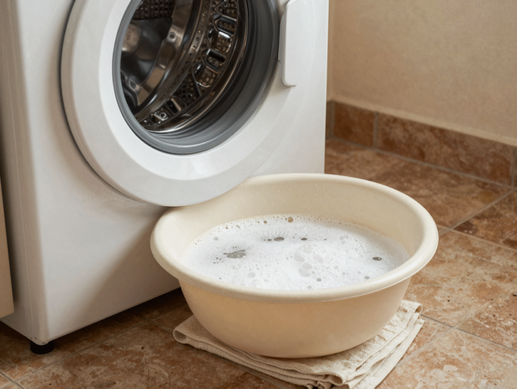 Bac à lessive en trempage et trappe du filtre de vidange ouverte avec un plat pour recueillir l'eau