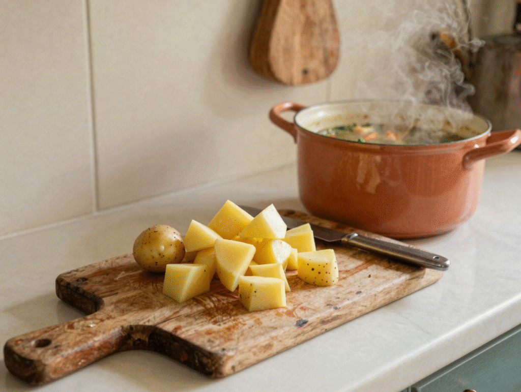 Petits dés de pomme de terre sur une planche en bois, prêts à être ajoutés à la soupe pour l'épaissir