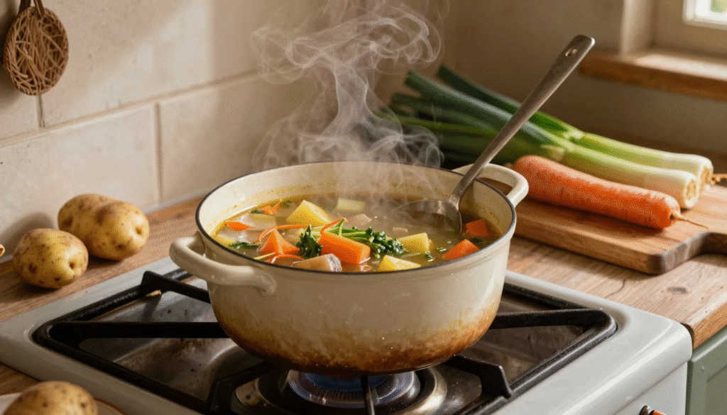 Marmite de soupe de légumes frémissant sur la cuisinière, avec pommes de terre et légumes prêts à épaissir la préparation