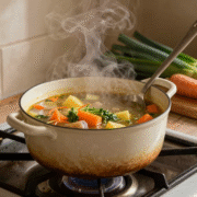 Marmite de soupe de légumes frémissant sur la cuisinière, avec pommes de terre et légumes prêts à épaissir la préparation