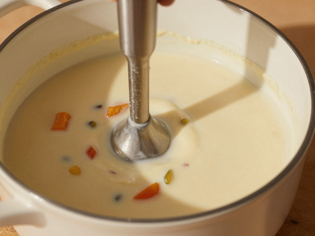 Mixeur plongeant dans une marmite de soupe partiellement mixée, moitié veloutée, moitié en morceaux