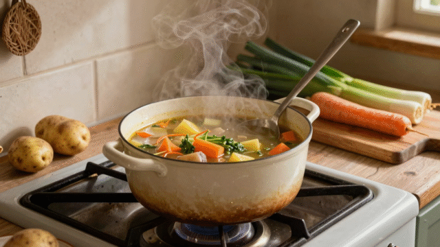 Marmite de soupe de légumes frémissant sur la cuisinière, avec pommes de terre et légumes prêts à épaissir la préparation