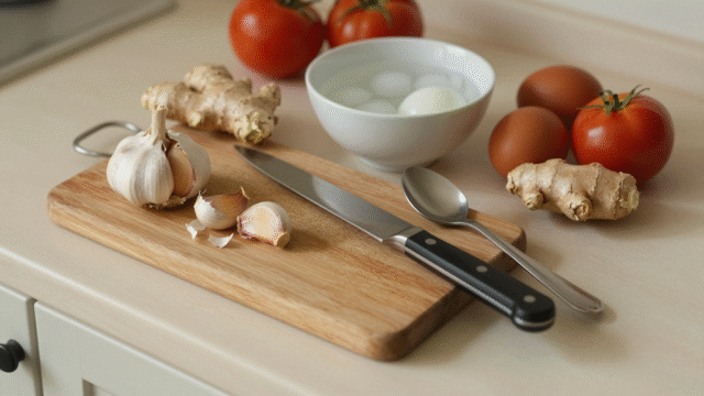 Plan de travail avec ail, gingembre frais, tomates, œufs durs, couteau et cuillère à café