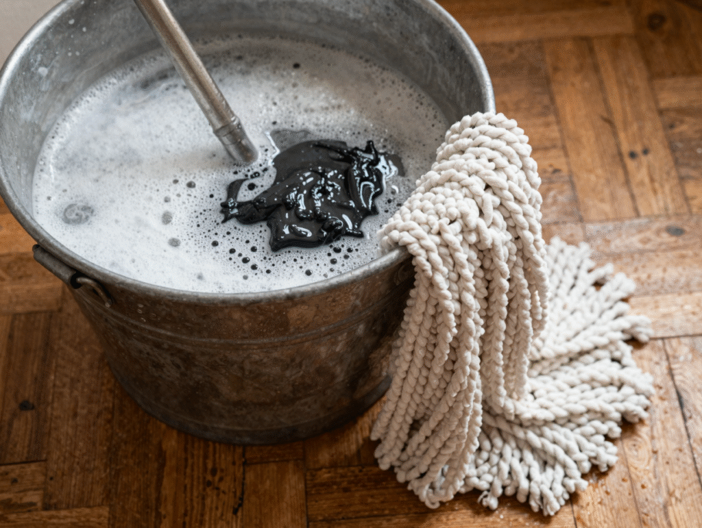 Seau d'eau tiède au savon noir et serpillière bien essorée posés sur un parquet ancien en chêne