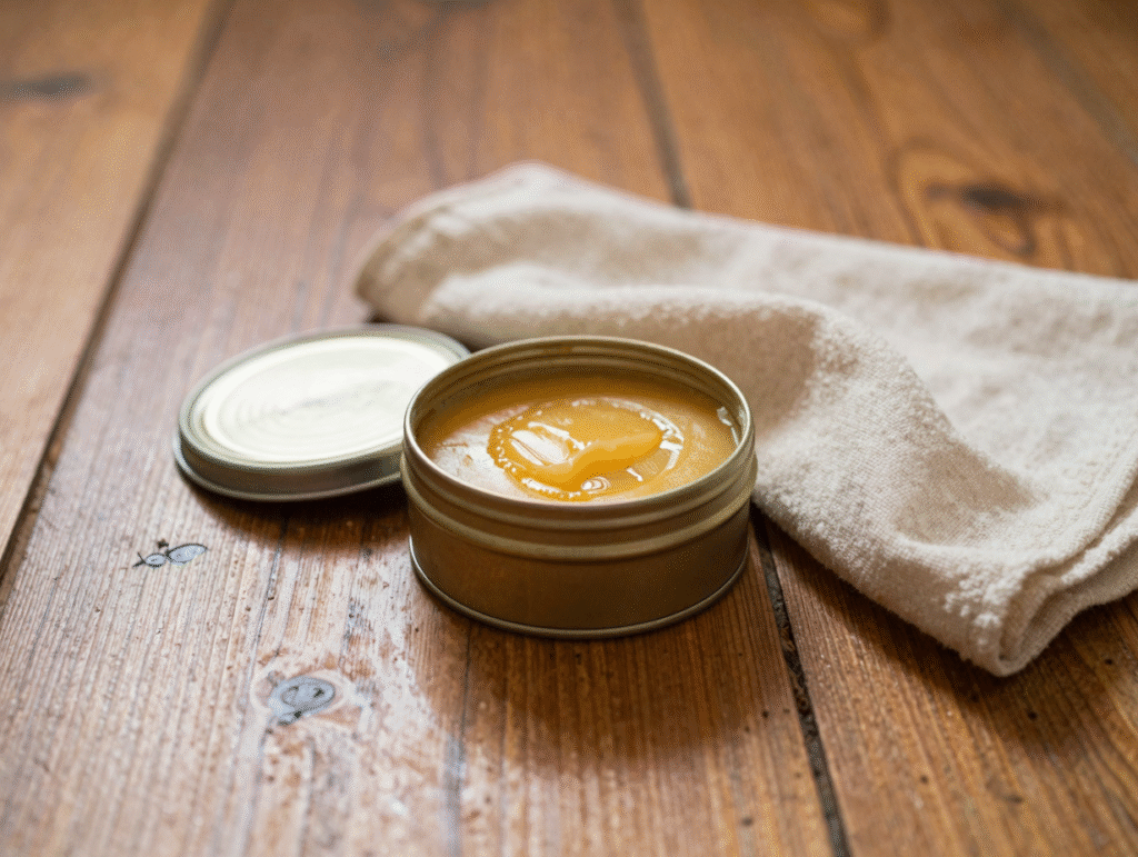 Pot de cire d'abeille ouvert et chiffon de laine sur des lames de parquet en chêne fraîchement lustrées