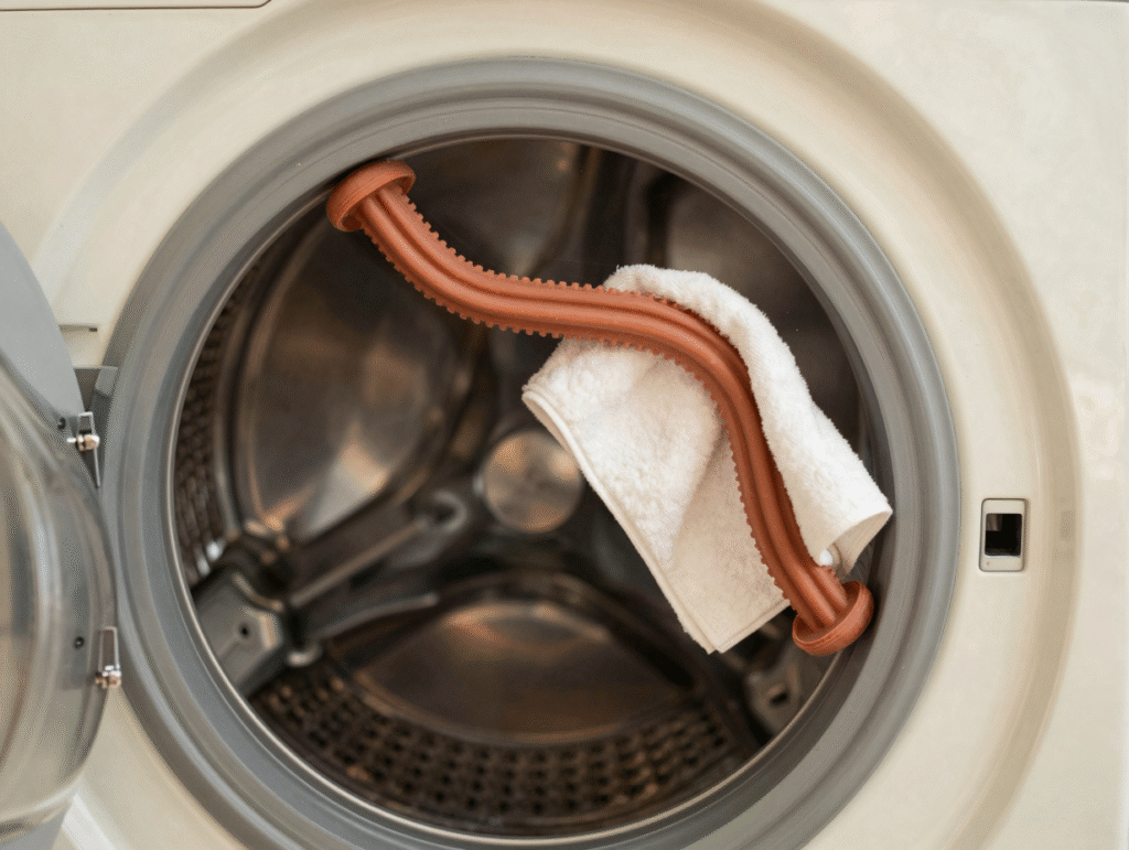 Chiffon essuyant le joint de hublot d'un lave-linge, tambour entrouvert