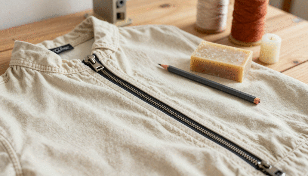 Fermeture éclair métallique d'une veste en jean avec crayon à papier, savon sec et bout de bougie posés à côté sur une table de couture