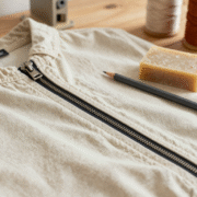 Fermeture éclair métallique d'une veste en jean avec crayon à papier, savon sec et bout de bougie posés à côté sur une table de couture