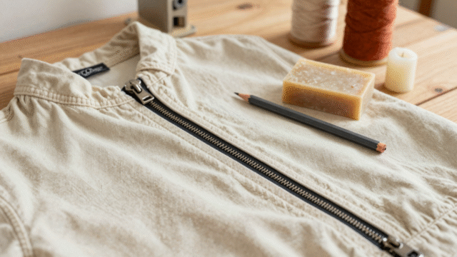 Fermeture éclair métallique d'une veste en jean avec crayon à papier, savon sec et bout de bougie posés à côté sur une table de couture