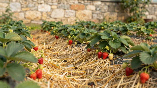 Rang de fraisiers paillé de paille dorée, fraises mûres et stolons portant de jeunes plants