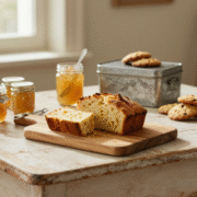 Table de goûter maison avec cake tranché, pots de compote et boîte à biscuits ancienne