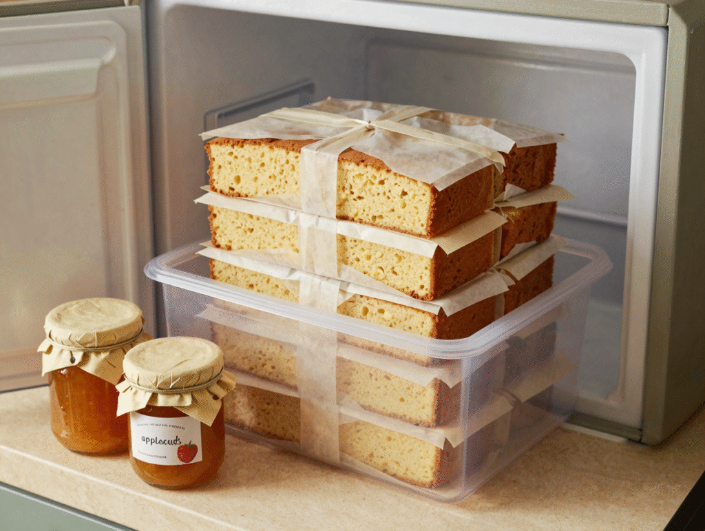 Parts de cake emballées dans du papier cuisson, rangées dans une boîte pour la congélation