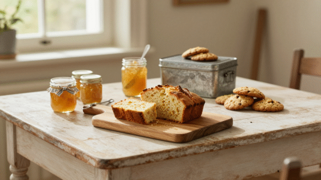 Table de goûter maison avec cake tranché, pots de compote et boîte à biscuits ancienne