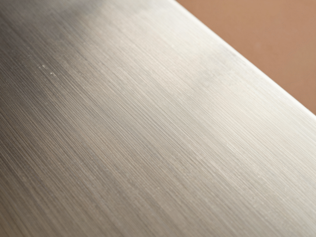 Gros plan sur les fines stries du brossage d'une surface en inox, moitié marquée de traces de doigts, moitié parfaitement nette