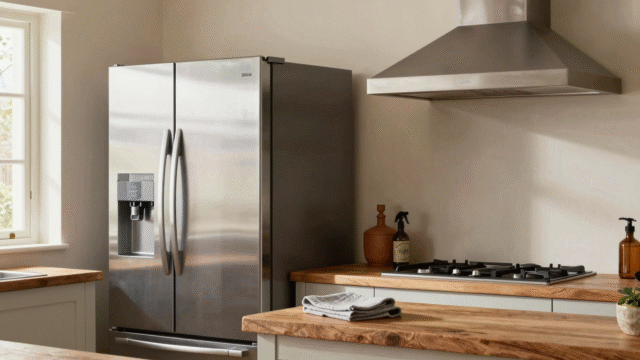 Frigo et hotte en inox brossé impeccables dans une cuisine rustique, avec microfibre et vaporisateur posés sur le plan de travail