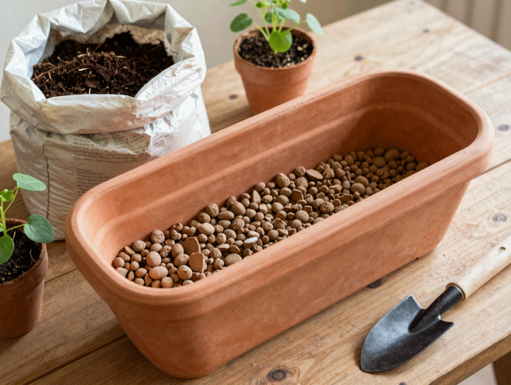 Préparation d'une jardinière : couche de billes d'argile au fond, terreau et jeunes plants d'aromatiques en godets