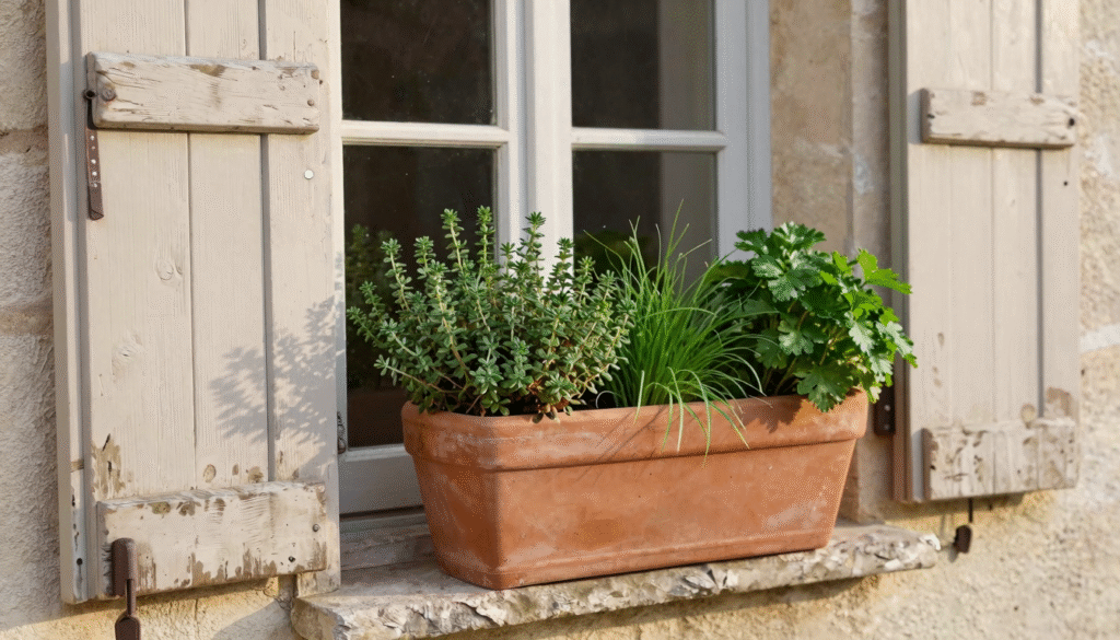 Jardinière en terre cuite garnie de thym, ciboulette et persil sur un rebord de fenêtre en pierre