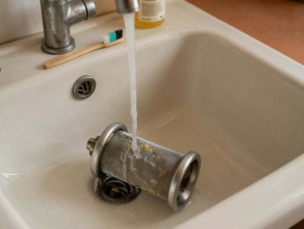 Filtre de lave-vaisselle rincé sous l'eau chaude dans un évier en céramique