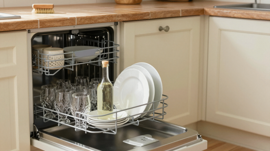 Lave-vaisselle ouvert sur des verres étincelants, vinaigre blanc et brosse posés à côté