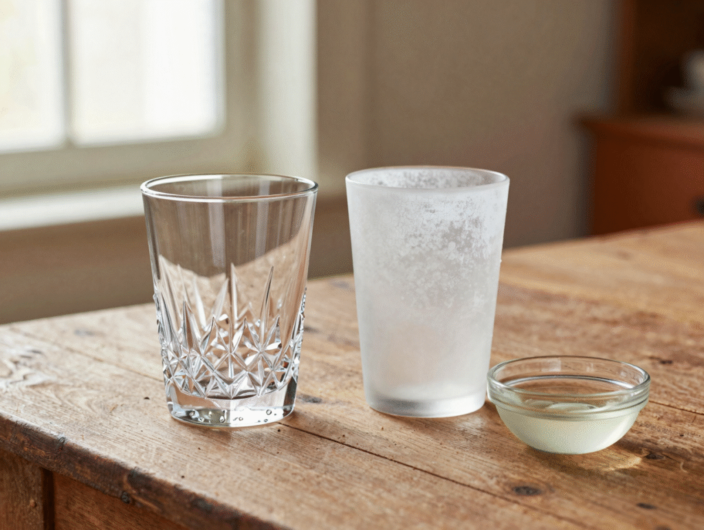 Un verre limpide et un verre voilé de blanc côte à côte, avec un bol de vinaigre pour le test