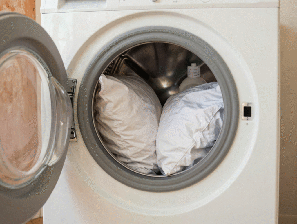 Deux oreillers placés ensemble dans le tambour d'un lave-linge grande capacité