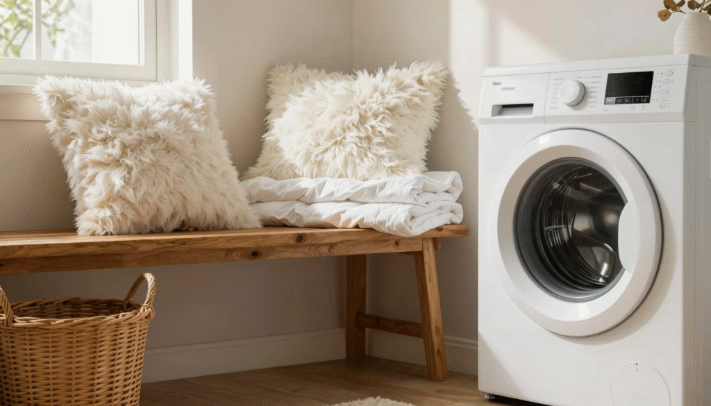 Oreillers et couette blancs empilés près d'un lave-linge dans une buanderie lumineuse