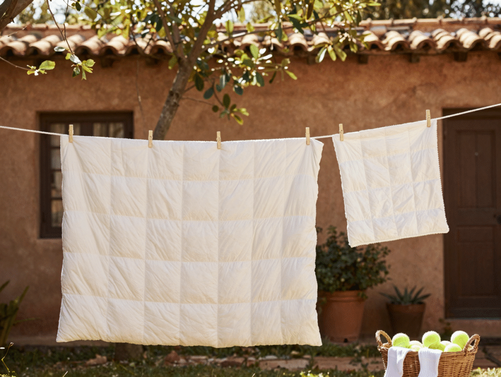 Couette blanche qui sèche à l'air libre sur deux fils à linge parallèles au jardin