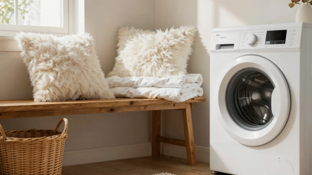Oreillers et couette blancs empilés près d'un lave-linge dans une buanderie lumineuse