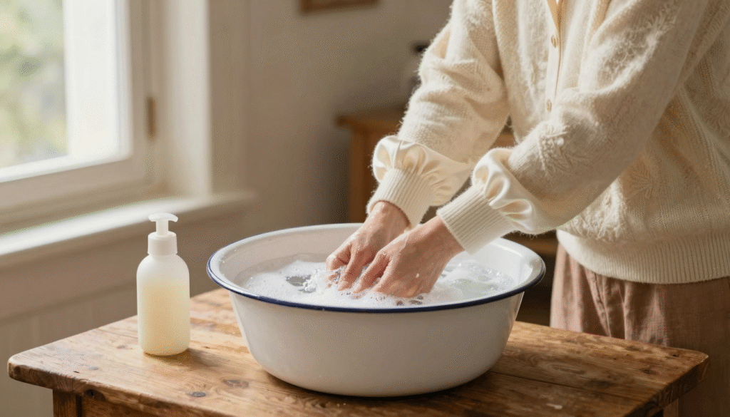 Pull en laine et chemisier en soie trempant dans une bassine d'eau savonneuse tiède