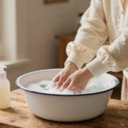 Pull en laine et chemisier en soie trempant dans une bassine d'eau savonneuse tiède