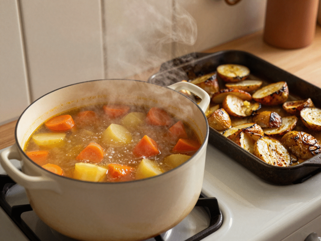 Marmite de soupe de légumes fumante et plaque de légumes rôtis au four dans une cuisine rustique