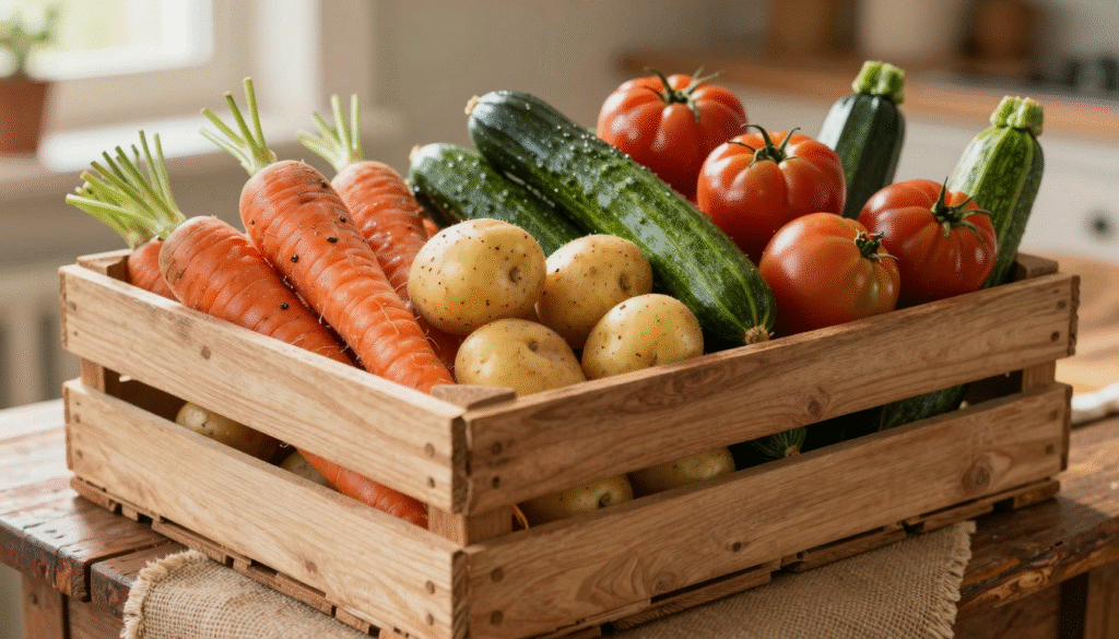 Cagette en bois remplie de légumes difformes mais frais : carottes fourchues, tomates cabossées, pommes de terre biscornues