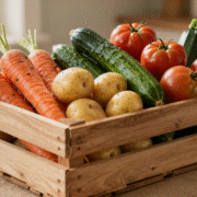Cagette en bois remplie de légumes difformes mais frais : carottes fourchues, tomates cabossées, pommes de terre biscornues