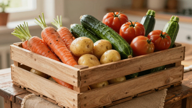 Cagette en bois remplie de légumes difformes mais frais : carottes fourchues, tomates cabossées, pommes de terre biscornues