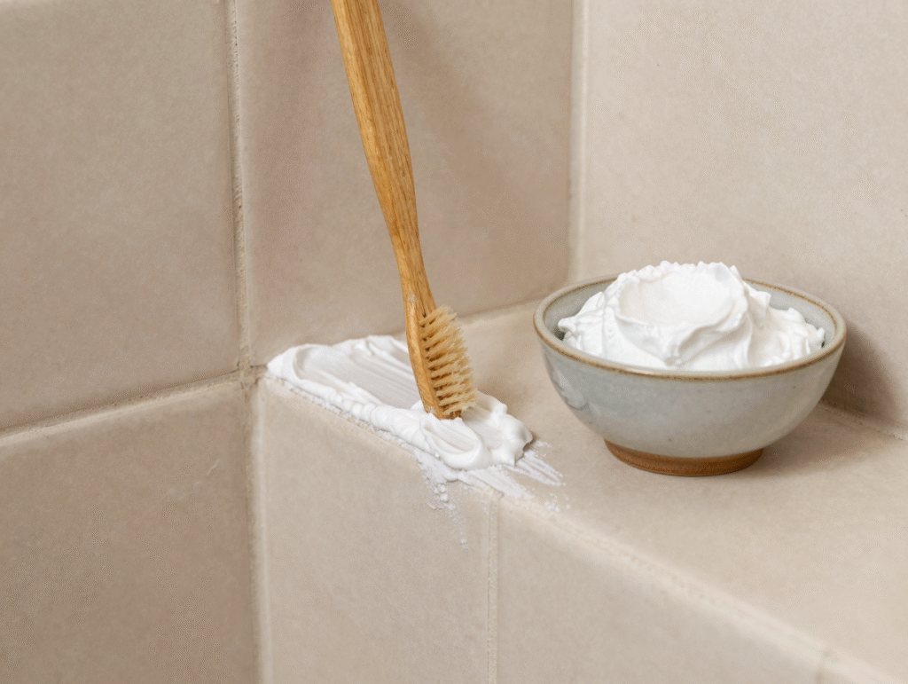 Pâte de bicarbonate appliquée le long d'un joint de carrelage avec une vieille brosse à dents
