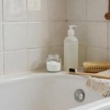 Bicarbonate, vinaigre blanc et brosses posés au bord d'une baignoire pour nettoyer les joints de carrelage