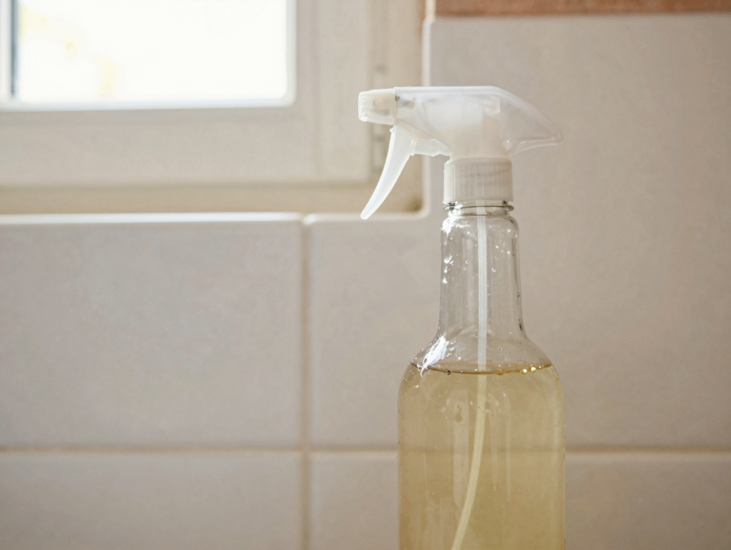 Vaporisateur de vinaigre blanc devant des joints de carrelage propres, fenêtre ouverte en arrière-plan